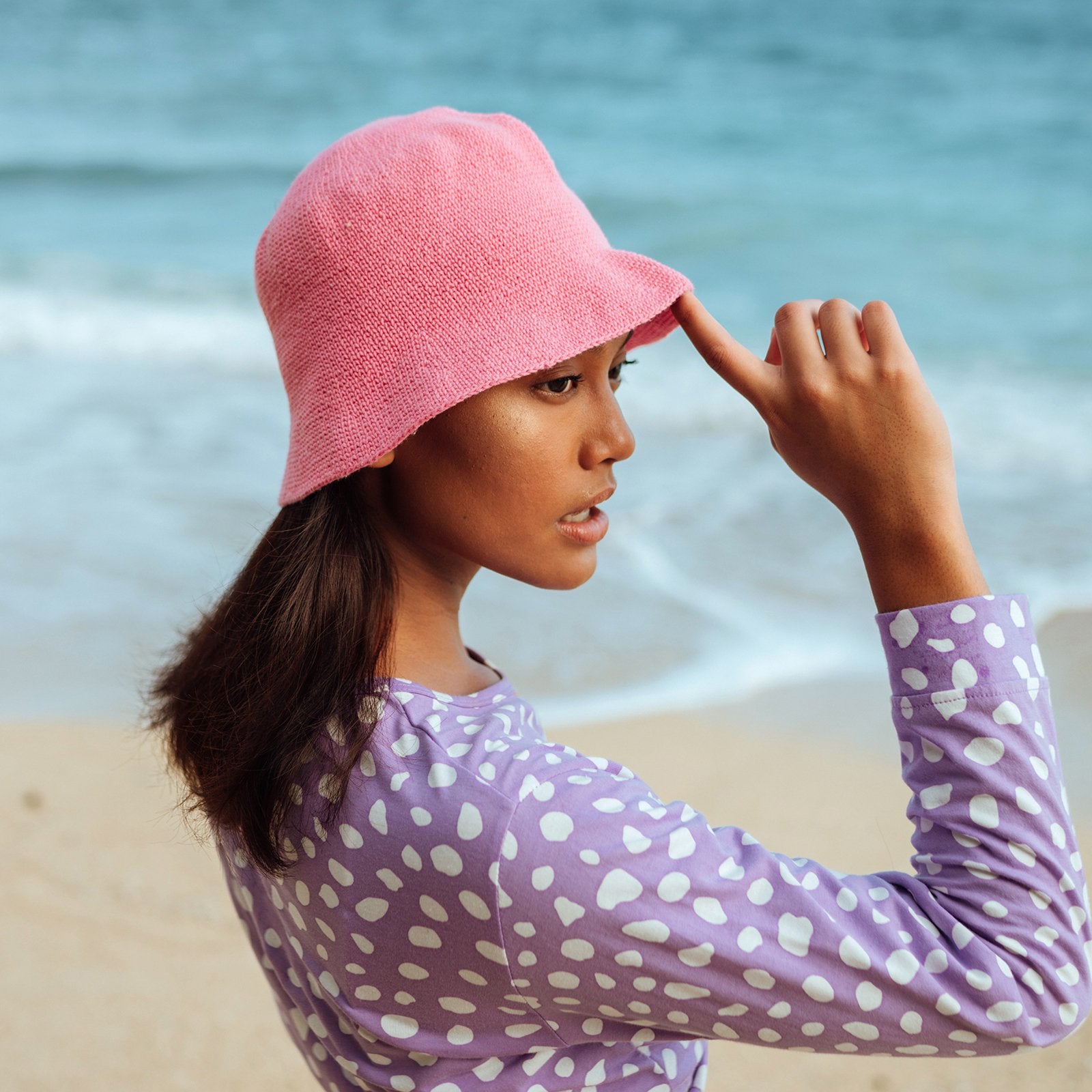 Florette Crochet Bucket Hat, in Pink